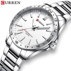 CURREN New Model CURREN Brand Light Up Dial Male Watch Simple 43mm Big Dial Stainless Steel Strap Waterproof 3ATM Men's Clock 8452 - SILVER WHITE