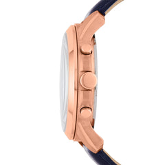 Fossil Leather Mens Quartz Watch Rose Gold Case / Blue Leather