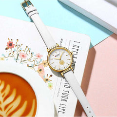 CURREN Women's Analog Watch, Rose Detail in Carture and Texture on Background, Extendable Leatherette Adjustable Buckle Clasp Classic Female Design, White, s,