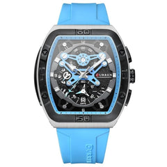 CURREN 8443 Men's Waterproof Quartz Calendar Tape Multifunctional Watch Men's Watch Silicone Band With Orrignal Cureen Box - SKY