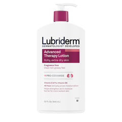 Lubriderm Advanced Therapy Fragrance Free Moisturizing Hand & Body Lotion + Pro-Ceramide with Vitamins E & Pro-Vitamin B5, Intense Hydration for Itchy, Extra Dry Skin, Non-Greasy, 32 fl. oz