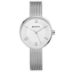 CURREN Ladies Analog Watch Silver Stainless Steel Case White Dial Silver Stainless Steel Bracelet