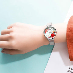CURREN 9060 Luxury Casual Business Quartz Women Watch Flower Dial Elegant Exquisite Lady Wrist Watch 3ATM Waterproof Clock Wristwatch for Female Ladies with Stainless Steel Mesh Strap Band - Silver