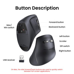 UGREEN Vertical Wireless (Bluetooth 5.0+2.4G) Ergonomic Mouse with 5 Buttons, 1000/1600/2000/4000 DPI, Prevention of Mouse Arm, Vertical Mouse Compatible with PC/Laptop/Tablet, Black