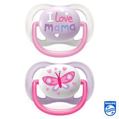 AVENT Philips Ultra Air Pacifier, for 0-6m, Orthodontic & BPA-, 2 pcs, Including Sterilizer/Carrying Case, SCF080/02, Pink and Purple