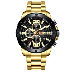 CURREN Men's Chronograph Watch Stainless Steel Case Black Dial 3 Subdials with Date Window Gold Stainless Steel Bracelet, Gold
