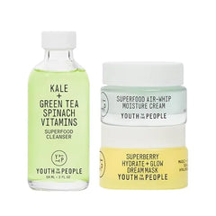 Youth To The People Travel Minis Trio, Vegan Skincare Bundle Set, Superfood Kale + Green Tea Face Cleanser (2 fl oz) + Superberry Hydrate + Glow Dream Mask (0.5 oz) + Air-Whip Moisture Cream (0.5 oz)