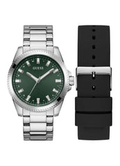 Guess Champ Analog Watch Box Set for Men, 44 mm Case Width, Silver Tone/Green