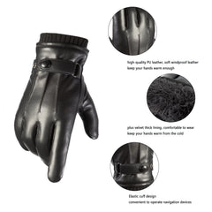 Gloves Winter, Men's Winter Warm Touchscreen Leather Gloves Adjustable Thermal Driving PU Leather Gloves - Black