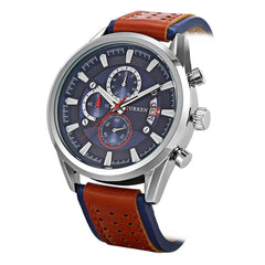 Curren 8290 Men's Analog Leather Strap Watch with Date Display - Blue, Brown