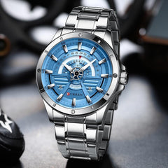 CURREN Original Brand 8381 Stainless Steel Band Wrist Watch For Men With Brand (Box)-8381 - SILVER SKY BLUE
