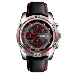 Skmei Sports Mens Watches, Chronograph And Date Wristwatches For Men,30 Meters Waterproof Soft Black Leather Strap Military Watch - Red/Black