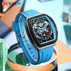 CURREN 8443 Men's Waterproof Quartz Calendar Tape Multifunctional Watch Men's Watch Silicone Band With Orrignal Cureen Box - SKY