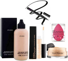 Glomic professional waterproof foundation, concealer, face powder, sketch eyeliner and blender. combo (set of 5)