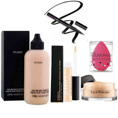 Glomic professional waterproof foundation, concealer, face powder, sketch eyeliner and blender. combo (set of 5)