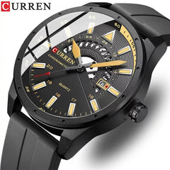 Top Brand Curren 8421 Man Quartz Watch Breathable Rubber Strap Date Display Sport Watches - BLACK