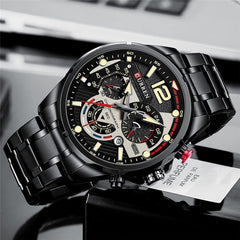 CURREN 8395 Men's Wrist Watch Chronograph Waterproof Sports Brand Luxury Military Style - BLACK