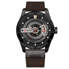 CURREN Men's Analog Watch Gun Metal Steel Case Black Dia Calendar Windowl Dark Brown Leather Strap