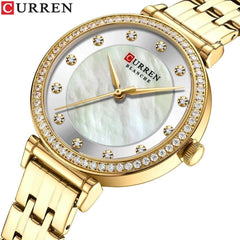 CURREN New Simple Thin Quartz Watch Women's Silver Stainless Steel Wrist Watch With Rhinestones - GOLD