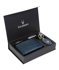 WildHorn® RFID Protected Genuine Leather Wallet & Gift Combo for Men - Blue