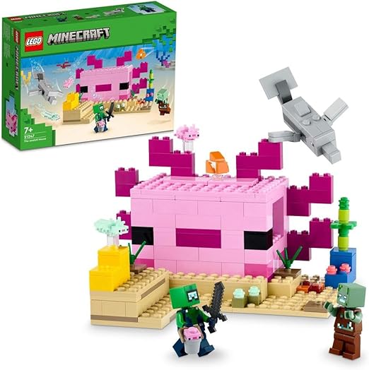 LEGO 21247 Minecraft The Axolotl House Set, Buildable Underwater Base with Diver Explorer, Zombie plus Dolphin and Puffer Fish Figures, Adventure Toys
