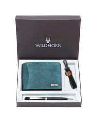 WildHorn® RFID Protected Genuine Leather Wallet & Gift Combo for Men - Blue H M