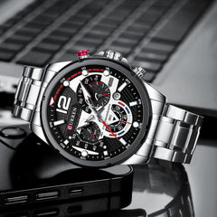 CURREN 8395 Men's Wrist Watch Chronograph Waterproof Sports Brand Luxury Military Style - SILVER