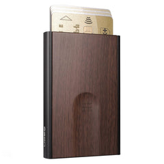 OGON Aluminum automatic card holder Slider - RFID Blocking – The original minimalist slim wallet for men and women - Up to 6 cards - Covering Wood Imitation Sequoia