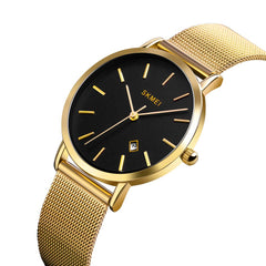 SKMEI Womens Watches Black Slim Thin Luxury Dress Stainless Steel Mesh Watches Fashion Waterproof Ladies Wrist Watch with Date - Gold