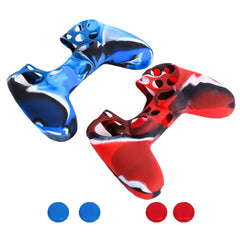 eWINNER 2pack Flexible Silicone Protective Case Skin Cover & 4pack Joystick Thumb Stick Caps Compatible with Sony Playstation 4 dualshock for PS4 Controllers (Case*2+Thumb Grips*4, Camo Red Blue)