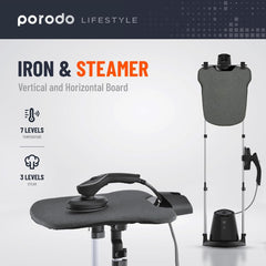 Porodo Lifestyle Iron & Steamer, Comprehensive Fabric Care, Rotating Steamer Handle, Ceramic Soleplate, Telescopic Rod,7 Level Temperature,3 Levels Steam, Multi-Angle Board,2500W,1.2L Tank - Black
