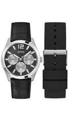 Guess Zen Multi-function Analog Watch Box Set for Men, 42 mm Case Width, Silver Tone/Black