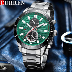 CURREN 8417 Men's Wristwatch Chronograph Waterproof Brand Luxury Sports Military - SILVER GREEN