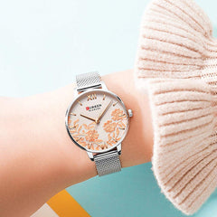 CURREN 9065 Elegant Exquisite Casual Business Quartz Women Watch Sakura Flower Embossed Simple Wrist Watch 3ATM Waterproof Wristwatch for Ladies with Metal Mesh Strap Band