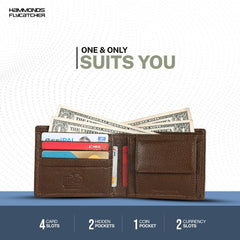HAMMONDS FLYCATCHER Genuine Leather Wallet for Men, RFID Protected Leather Purse for Men, Money Purse for Men, Bi-Fold Wallet, 4 Card Slots, Coin Pocket, Hidden Pockets - Brushwood