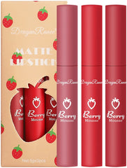 Beautishop 3Pcs Strawberry Set Matte Liquid Lipstick Makeup Set, Long Lasting Lip Gloss Non-Stick Cup is Not Easy to Fade, Waterproof Matte Lip Glaze Lipstick Set Box Girls Women Make Up Gift Set (B)