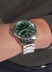 Guess Champ Analog Watch Box Set for Men, 44 mm Case Width, Silver Tone/Green