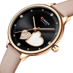 CURREN Women's Analogue Bracelet Watch, Dial with Hearts and Rhinestone Inlays, Extendable Faux Leather, Adjustable Buckle Clasp, Rosa, S, strip - Beige