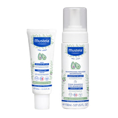 Mustela Cradle Cap Set With Cradle Cap Foam Shampoo and Cream, tear-free, fragrance-free and formulated with natural ingredients.