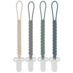 Slotic 4-Pack Silicone Pacifier Clips with a Woven Rope Shape for Baby Boys and Girls - Flexible and Rust-Free Holders for Teething Relief and Baby Essentials, Safe for Newborns (Grey)
