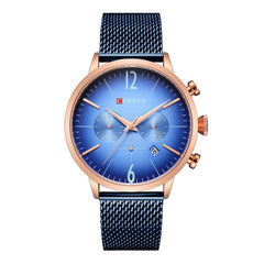 Curren Quartz Analog Watch Stainless Steel Band Wristwatch with Date Display, 8313 - Blue, Rose Gold