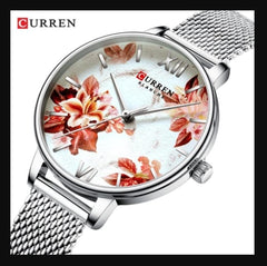CURREN Ladies Analog Watch Stainless Steel Case Floral Design Dial Stainless Steel Bracelet - Silver