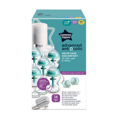 Tommee Tippee Advanced Anti-Colic Ready for Baby Bottle Set, 5oz and 9oz Self-Sterilizing Bottles, Slow and Medium Flow, 0-6 Month Pacifiers, Travel Bottle Warmer, Removable Bottle Handles