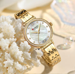 CURREN New Simple Thin Quartz Watch Women's Silver Stainless Steel Wrist Watch With Rhinestones - GOLD