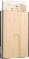 OGON Aluminum automatic card holder Slider - RFID Blocking – The original minimalist slim wallet for men and women - Up to 6 cards - Covering Wood Imitation Bamboo