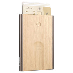 OGON Aluminum automatic card holder Slider - RFID Blocking – The original minimalist slim wallet for men and women - Up to 6 cards - Covering Wood Imitation Bamboo