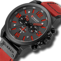 CURREN Watches for Men Red Leather Strap Watch Classic Casual Dress Military Watch Waterproof Chronograph Date Analog Quartz Watch (Black red)