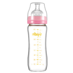 Matyz 8 Ounce Glass Baby Feeding Bottle with , Light and Slim Bottle Easy to Hold, Food Grade Borosilicate Glass, Wide Neck Breastmilk Feeding Bottle Easy to Clean, BPA Free (Pink Lids)