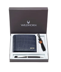 WildHorn® RFID Protected Genuine Leather Wallet & Gift Combo for Men - Blue Cr M