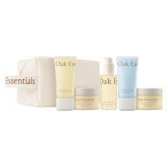 Oak Essentials Travel Body Routine, 5-Piece Body Care Set: Wash, Scrub, Lotion, Oil and Balm, Linen Bag Included, Gift Set for Women, TSA-Friendly Travel Sizes